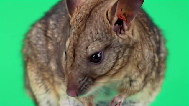 Close-up of a small brown marsupial, possibly a potoroo or bandicoot, with curious expression on a vibrant green screen background, perfect for com...