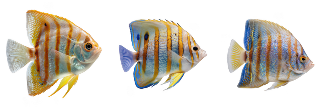 Three colorful discus fish with orange stripes and blue accents isolated on a transparent background - Powered by Adobe