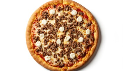 Round pizza topped with ground meat, tomato sauce, mozzarella cheese spots on golden crust. Italian cookery. Baked snack. Delicious lunch. Fast delivery take-out food. Culinary preparation for party,