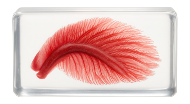 Paraffin block with embedded fish gill sample, characterized by a clear, solidified wax form