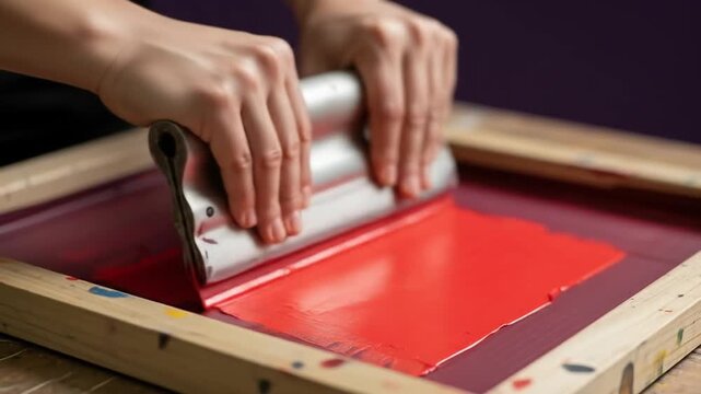 Screen Printing: Red Ink, Geometric Design, Close-Up, Artistic Process