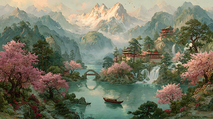 Lake and mountain landscape chinese background. Japanese watercolor painting with waterfall, hills, sakura trees, chinese temples, boat, bridge, birds. Oriental wallpaper for wall art, print, decor.,
