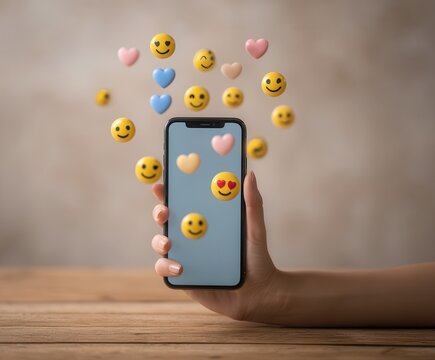 emojis fly out of phone in hand - Powered by Adobe