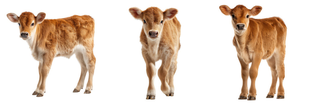 Three light brown calves standing against a black background isolated on a transparent background calf