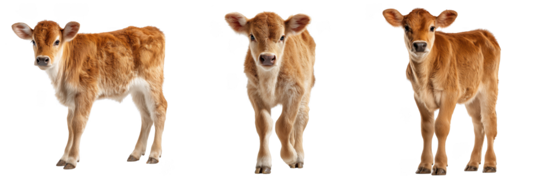 Three light brown calves standing against a black background isolated on a transparent background calf