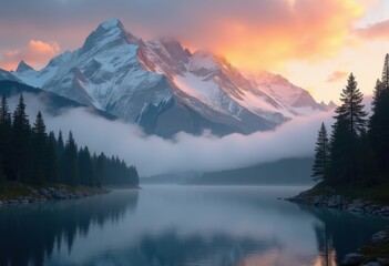 majestic peaks sunrise mist scenic landscape breathtaking view serenity mountains nature outdoor adventure, sky, rocky, outdoors, fog, horizon, dawn, light