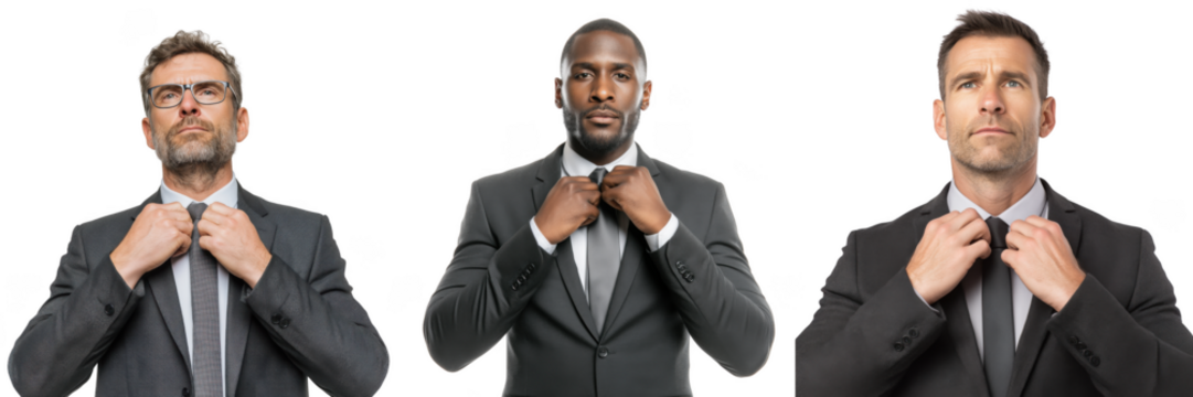 Three men in suits adjusting ties against black background isolated on a transparent background image - Powered by Adobe
