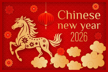 Colorful vertical template for chinese new year 2026, postcard with horse and golden clouds