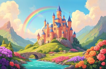 Fantasy illustration of castle with blue roofs on hill surrounded by river, stone bridge, flowers, rainbow sky. Medieval fairytale palace landscape. Ideal for children book, architecture design,