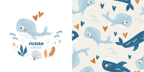 Children's set of poster and seamless pattern with cute whales. Perfect for kids bedding, fabric, wallpaper, wrapping paper, textile, t-shirt print.