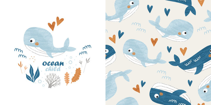 Children's set of poster and seamless pattern with cute whales. Perfect for kids bedding, fabric, wallpaper, wrapping paper, textile, t-shirt print.