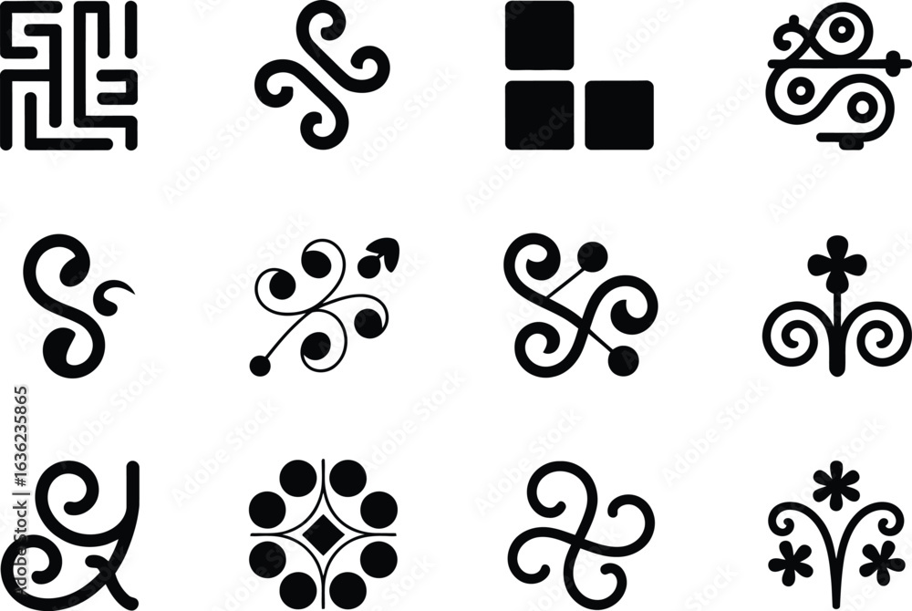 Poster twelve black and white decorative design elements in a grid pattern