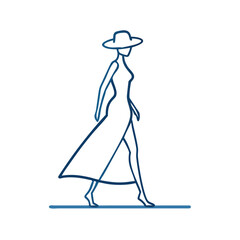 Elegant female model walking on the catwalk in designer dress and hat, perfect for fashion industry and events