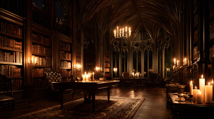 Fototapeta premium Dark Gothic Library Interior with Candlelight
