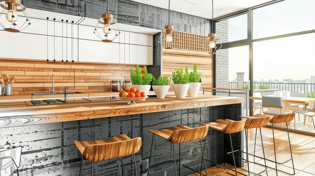 Modern kitchen with white marble wall panels and island bar, an interior design concept. Design plan mockup in white and color of luxury house