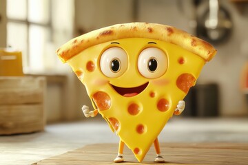 A cartoon pizza slice with a happy face standing up