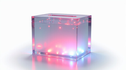 A transparent glass cube with colorful lights inside, isolated on white background, creating a modern and abstract design with vibrant colors and a clean, minimalist aesthetic for various creative app