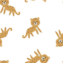 Vector seamless pattern with cute leopards on white background