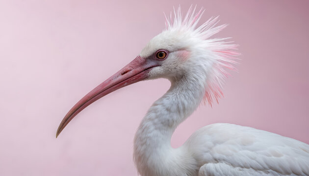 Close-up portrait of white bird with striking pink beak, red eyes, unique feathered crest. Avian subject, likely ibis, set against soft pink background, delicate features, elegant plumage.