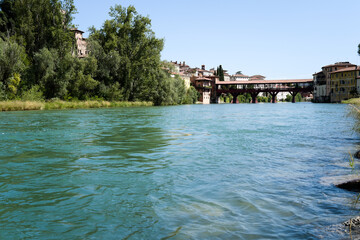 Bassano del Grappa, Vicenza, Veneto, Italy - July 9, 2025 - Views of the city, the castle, and the Alpine Bridge