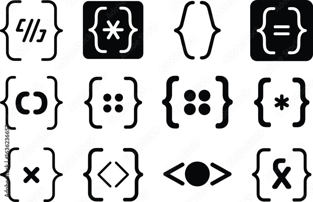 Poster various bracketed symbols in a grid pattern against a white background