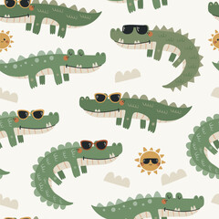 Vector seamless pattern with sunny crocodiles.