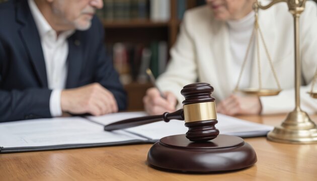 Elderly couple consults with lawyer about estate planning in office meeting. Focus on legal advice for retirement, wealth protection, future financial arrangements. Includes gavel, scales of justice.