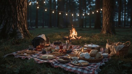 Romantic outdoor picnic setup in the woods under soft glowing string lights, food on a blanket, campfire in background