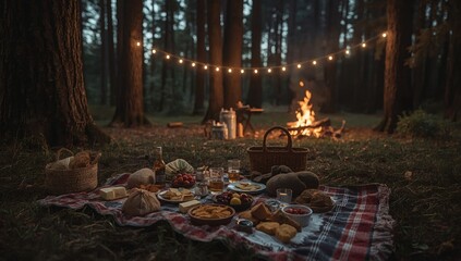 Evening forest picnic on a blanket with string lights and appetizing food, cozy atmosphere, no people.