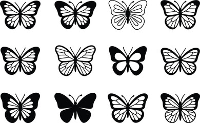 A collection of twelve butterfly illustrations in black and white style