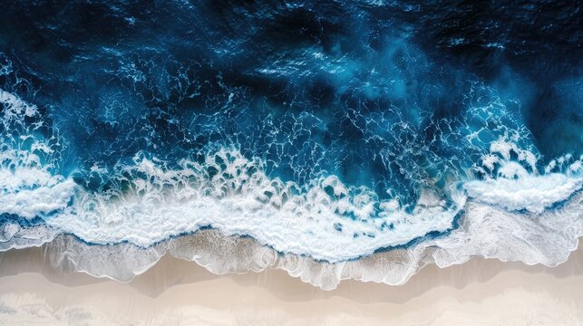 Aerial view of ocean waves crashing onto sandy beach, showcasing vibrant blue water and white foam, creating a serene coastal landscape with natural beauty and tranquility - Powered by Adobe