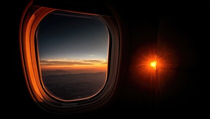 Airplane window view of a sunset