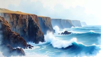 Obraz premium Majestic cliffs meet crashing waves under a moody sky, capturing nature's raw power and beauty