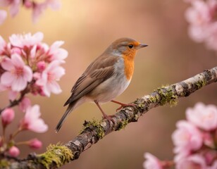 Obraz premium European robin bird perched on tree branch with pink cherry blossoms. Red breast bird in natural eco environment. Avian animal sits outdoor with feather.