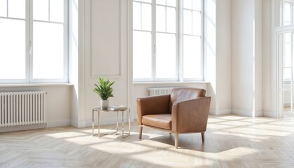 Fototapeta premium Bright spacious living room interior. Brown leather armchair near table with plant. Sunlight through large windows reflects on wooden floor. Minimalist cozy home design provides calm elegant
