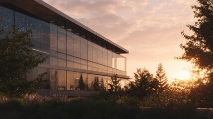 Fototapeta premium A serene shot of the facilitys exterior at sunset with sleek modern architecture reflecting innovation hinting at the cuttingedge technology inside focused on microLED development for