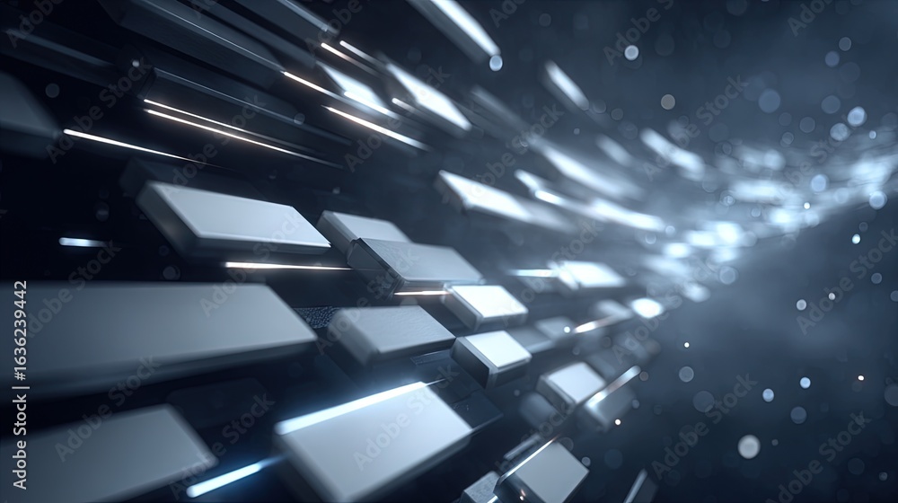 Aufkleber flying metallic blocks in motion through futuristic space – abstract 3d perspective of speed, direct