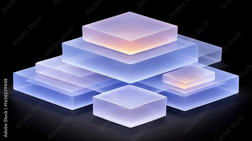 Aufkleber stacked translucent cubes with inner glow on black – futuristic modular composition with soft gradie