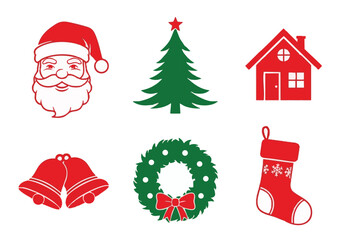 Festive Christmas Icons Santa Claus Tree House Bells Wreath and Stocking Vector Illustration