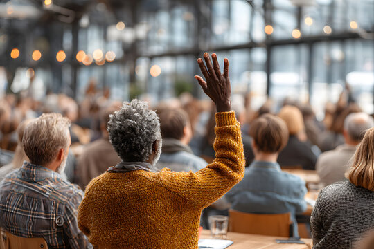 Engaged Audience at Neighborhood Meeting: Community Group Discussing Local Issues in City Hall Event