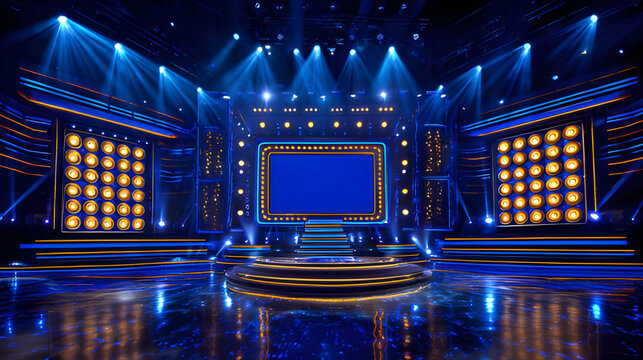 Bright TV game show stage with blue spotlights, glowing marquee bulbs, empty set and podium, glossy floor, studio lights. Entertainment, quiz show TV backdrop.