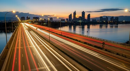City at Twilight: Long Exposure of a Busy Highway with Modern Skyline in the Background

