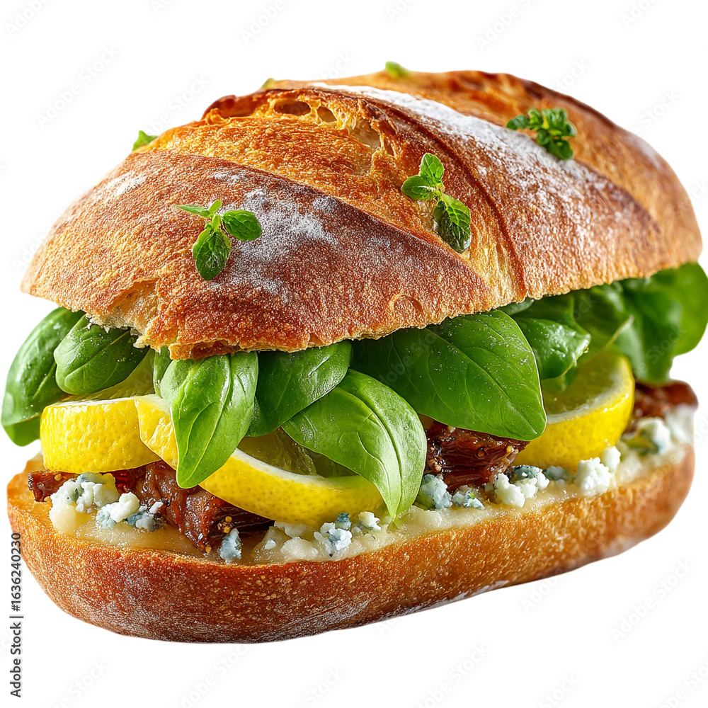 Poster close up of a sandwich with basil lemon and cheese on a crusty bread roll isolated on transparent ba