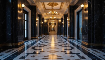 Luxurious grand hallway with marble floor, columns. Elegant design, vintage chandelier, symmetrical perspective. Classic interior, historic building, old style. Ornate details, golden accents, luxury