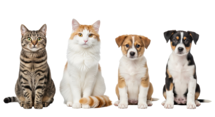 An adult brown-grey tabby cat, a white-ginger fluffy cat, a golden-white puppy, and a tri-color puppy sitting neatly in a row on a transparent background, showcasing crisp definition from soft studio
