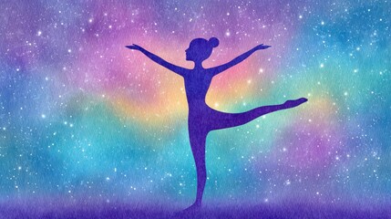 Ballerina Silhouette Against Colorful Galaxy Watercolor Background