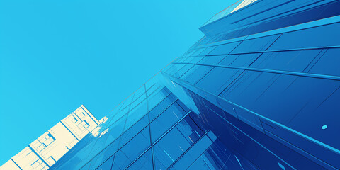 青空の下に立ち並ぶ高層ビル群をアニメ風の手描きタッチで描いた風景イラスト。都会、都市、ビジネス街、街並み、建物、爽やか、背景素材、プレゼン資料や広告にも使える。