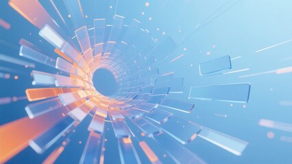 Futuristic Tunnel with Spiraling Transparent Rectangles: Dynamic Orange-Blue Light Gradients in Virtual Digital Space