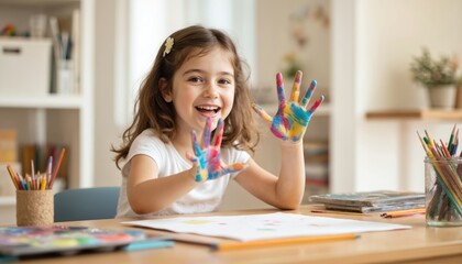 Cute smiling girl shows painted colorful hands at desk. Art class fun, happy childhood. Preschooler enjoys painting, learning colors. Creative talent expression, imagination, joy on elementary lesson.