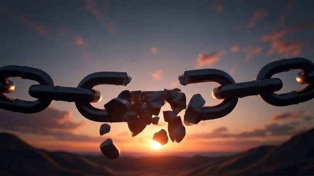 A broken chain with shattered links against a sunset, symbolizing freedom and the end of constraint.